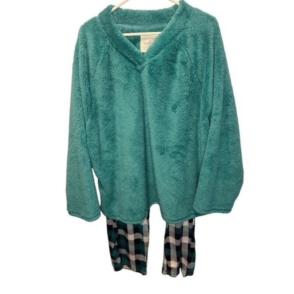 Cuddl Duds Womens Teal Pajama Set Fleece Top Plaid Pants P3X NEW Comfy Cozy